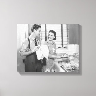 Man and Woman Doing Dishes Canvas Print