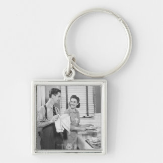 Man and Woman Doing Dishes Key Ring