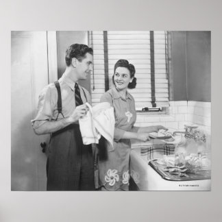Man and Woman Doing Dishes Poster