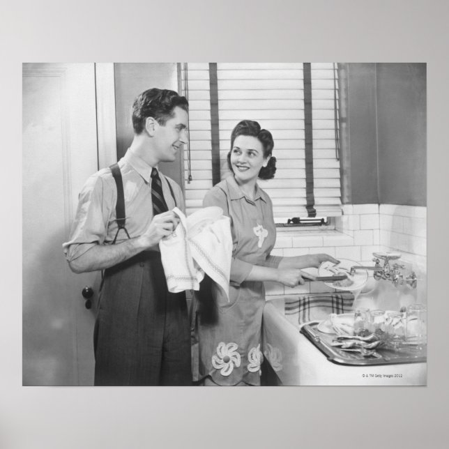 Man and Woman Doing Dishes Poster (Front)