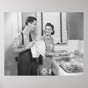Man and Woman Doing Dishes Poster