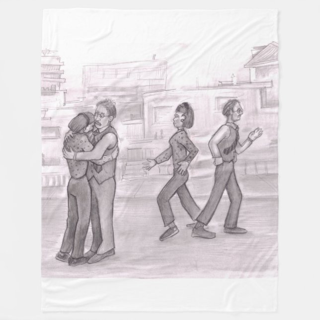 Man and Woman Hug Outside on the Street Then Walk  Fleece Blanket (Front)