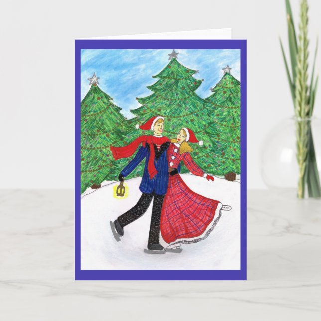 Man and Woman Ice Skate Christmas Greeting Card (Front)