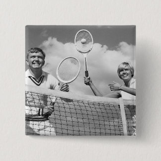 Man and Woman Playing Tennis 15 Cm Square Badge