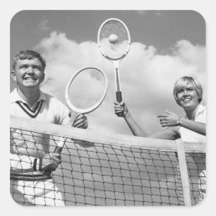 Man and Woman Playing Tennis Square Sticker
