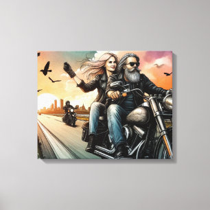 Man and Woman Riding Motorcycle on Highway Canvas Print