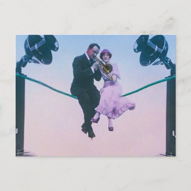 Man and woman sit on telephone wire 1900 postcard (Front)