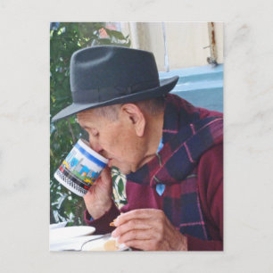 Man at the Cafe - First Cup of Coffee Postcard