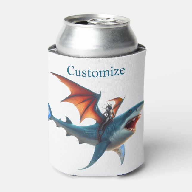 Man-Bat Riding Scary Shark Thunder_Cove Can Cooler (Can Front)