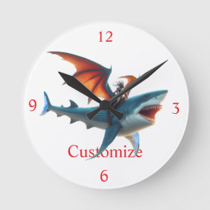 Man-Bat Riding Scary Shark Thunder_Cove Round Clock