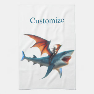 Man-Bat Riding Scary Shark Thunder_Cove Tea Towel
