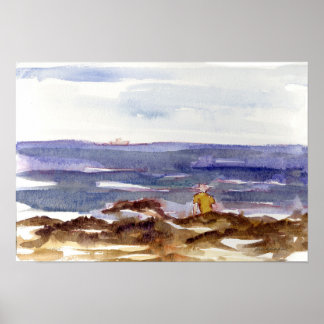Man Beach Pacific Ocean Rocky Coastline Watercolor Poster