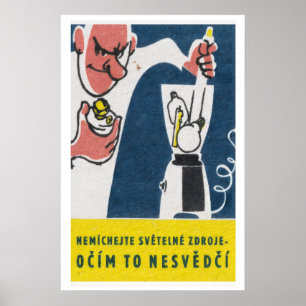 Man Blending Light Bulbs Matchbox Art Print, Czech Poster