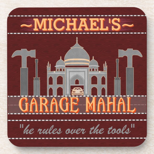 Man Cave Funny Garage Mahal Red | Custom Name Coaster (Front)