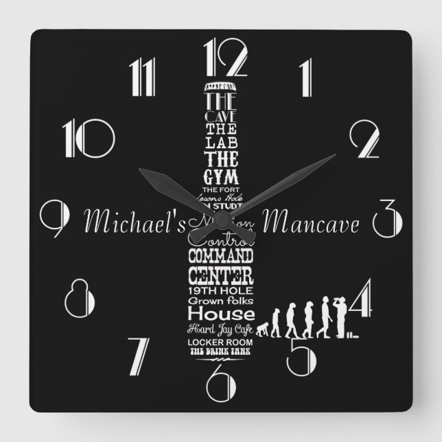 Man-cave Personalised Black and White Square Wall Clock (Front)