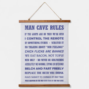 MAN CAVE RULES HANGING TAPESTRY
