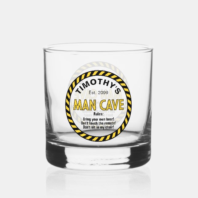 Man Cave Sign Caution Tape Rocks  Whiskey Glass (Front)
