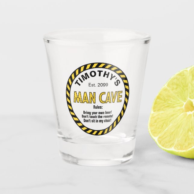 Man Cave Sign Caution Tape Shot Glass  (Front)