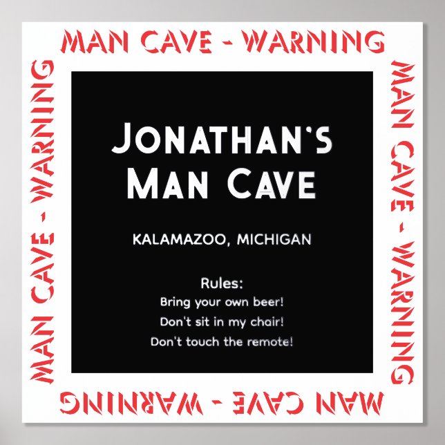 Man Cave Sign Warning w Rules Foil Text (Front)