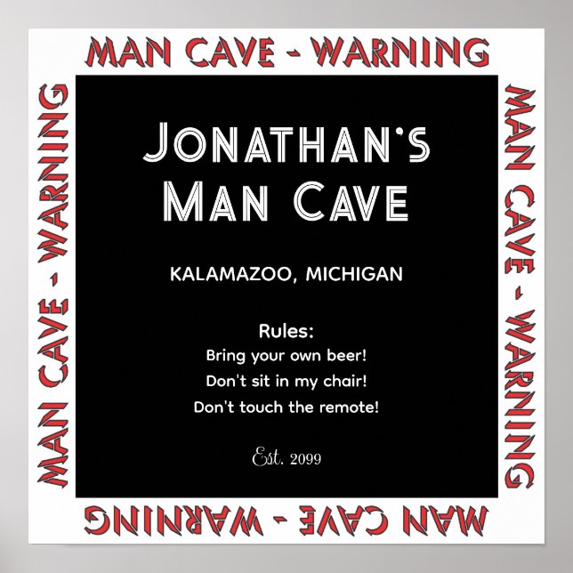 Man Cave Sign Warning w Rules Poster (Front)