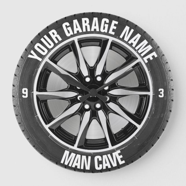 Man Cave Your Garage Tire Wheel Custom Name Large Clock (Front)