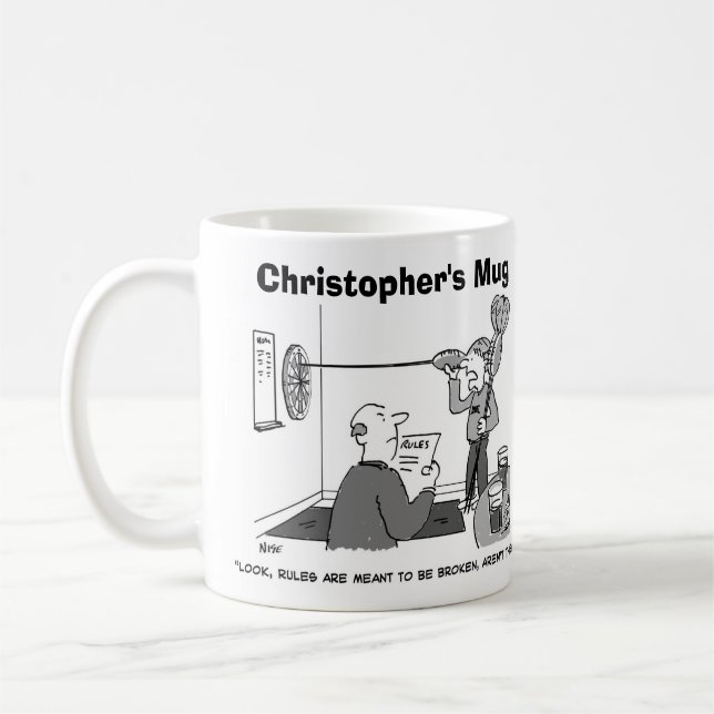 Man cheating at darts Personalise with own name. Coffee Mug (Left)