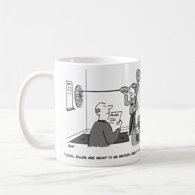 Man cheating playing a game of darts coffee mug (Left)