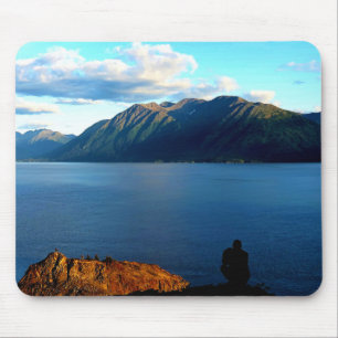 Man Crouches Contemplating Sunset Light in Alaska Mouse Mat