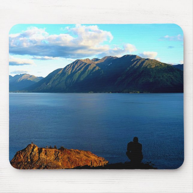 Man Crouches Contemplating Sunset Light in Alaska Mouse Mat (Front)