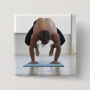 Man doing workout on yoga mat 15 cm square badge