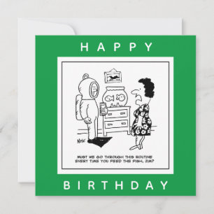 Man Dons Scuba Diving Outfit to Feed Fish Cartoon. Card