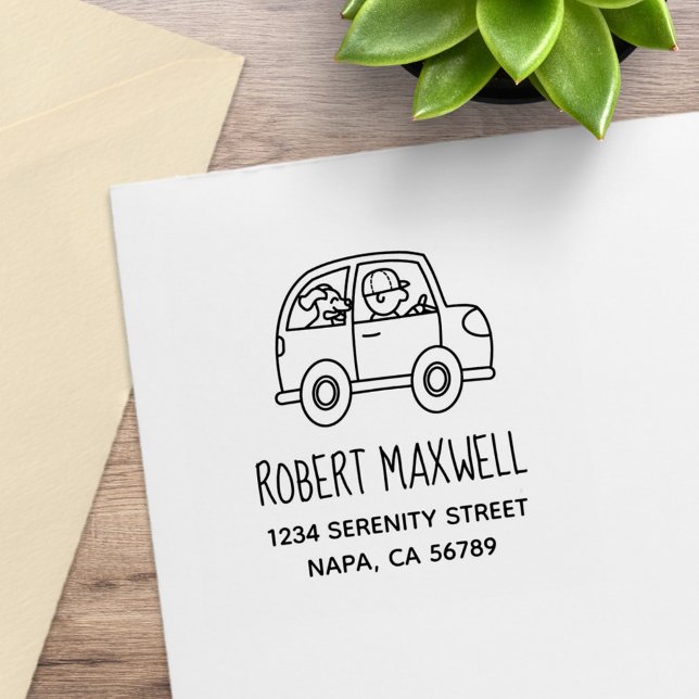 Man Driving a Car with a Dog Address Rubber Stamp (Creator Uploaded)