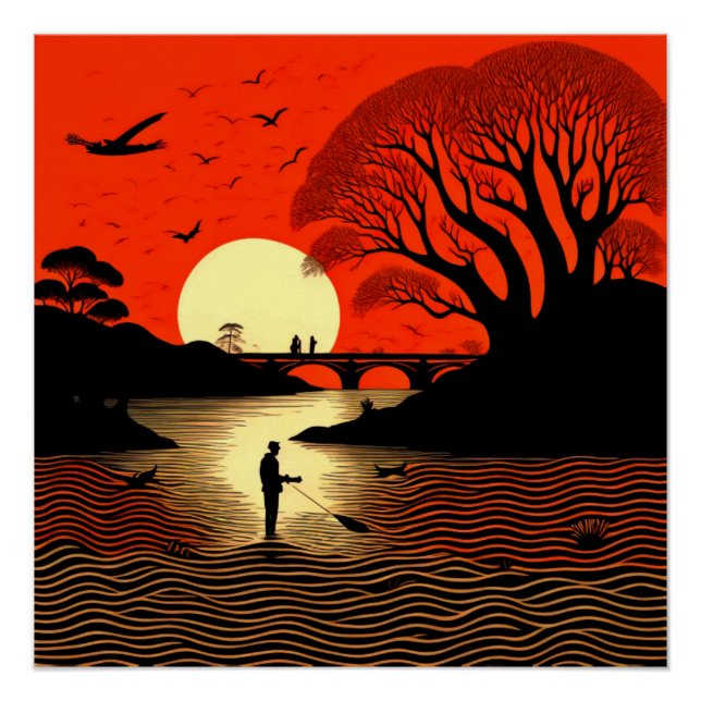 Man fishing at sunset poster (Front)