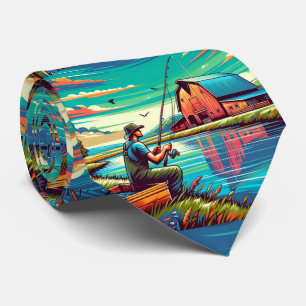 Man Fishing In a Pond By A Barn Tie