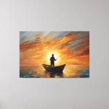 Man fishing inside the boat with a sunset