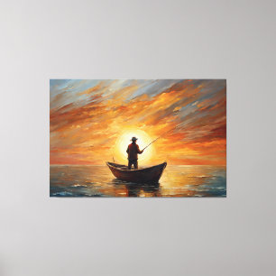 Man fishing inside the boat with a sunset canvas print