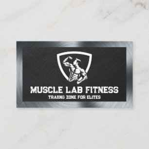 Man Flexing Fitness Logo   Leather   Metal Business Card