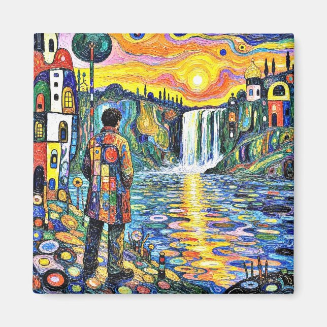 Man gazes at waterfall magnet (Front)