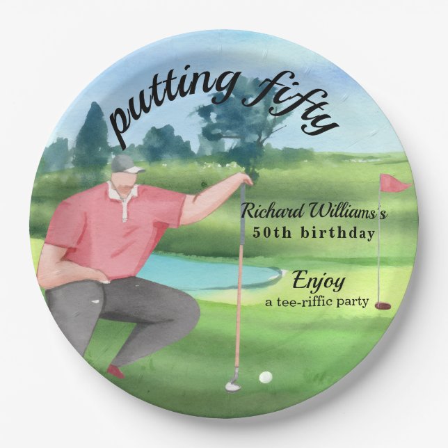 Man Golf Putting Fifty 50th Birthday Paper Plate (Front)
