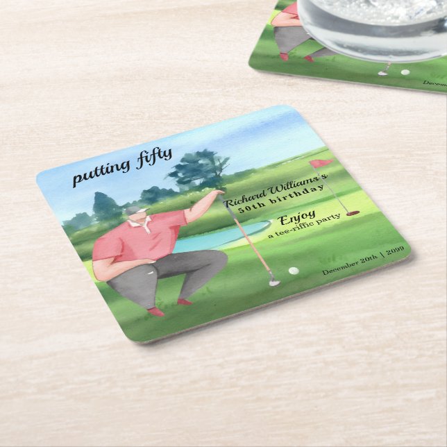 Man Golf Putting Fifty 50th Birthday Square Paper Coaster (Angled)