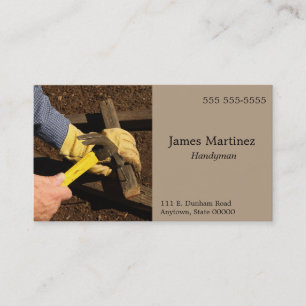 Man hammers wood piece business card