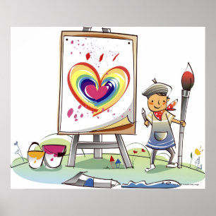 Man holding a paintbrush and standing by an easel poster