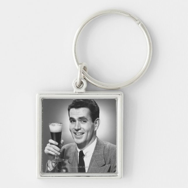 Man holding glass of beer in studio B&W Key Ring (Front)
