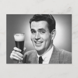 Man holding glass of beer in studio B&W Postcard