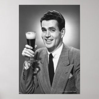 Man holding glass of beer in studio B&W Poster