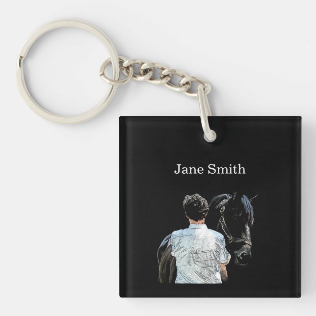 Man Holding Horse Dark Acrylic Keychain (Front)