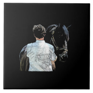 Man Holding Horse Dark Ceramic Tile