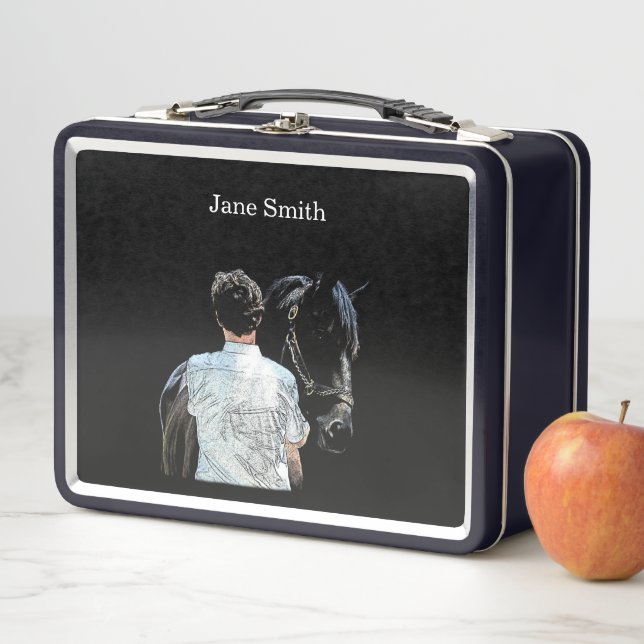 Man Holding Horse Dark Lunch Box (In Situ)