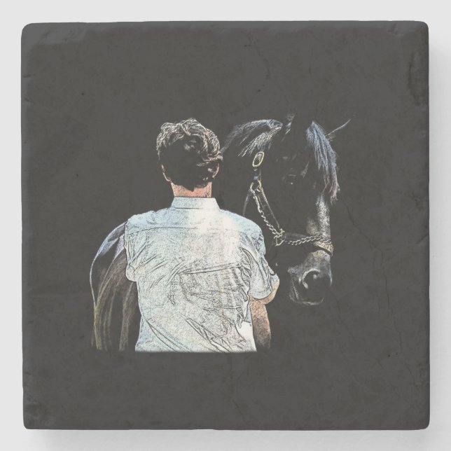 Man Holding Horse Dark Stone Coaster (Front)