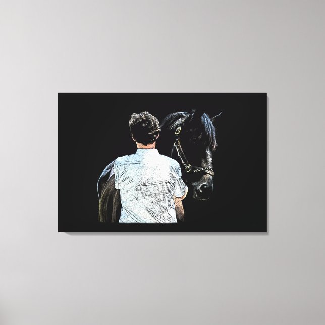 Man Holding Horse Dark Stretched Canvas Print (Front)